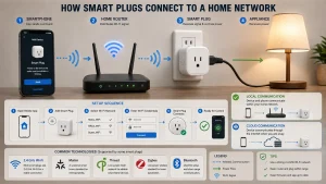 how do smart plugs work showing smartphone, home router, smart plug, appliance, and Wi-Fi communication