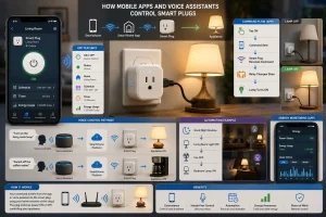 Smartphone app, voice assistant, smart plug, and connected appliances showing remote control, scheduling, automation, and energy monitoring