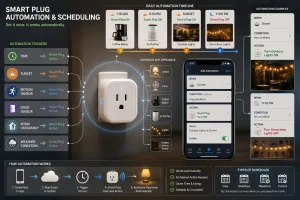 Daily schedule infographic showing a connected plug, coffee maker, air purifier, outdoor lights, decorative lights, and automatic ON/OFF actions