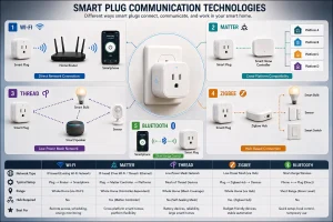 Comparison of Wi-Fi, Matter, Thread, Zigbee, and Bluetooth communication methods with smart plugs and connected devices