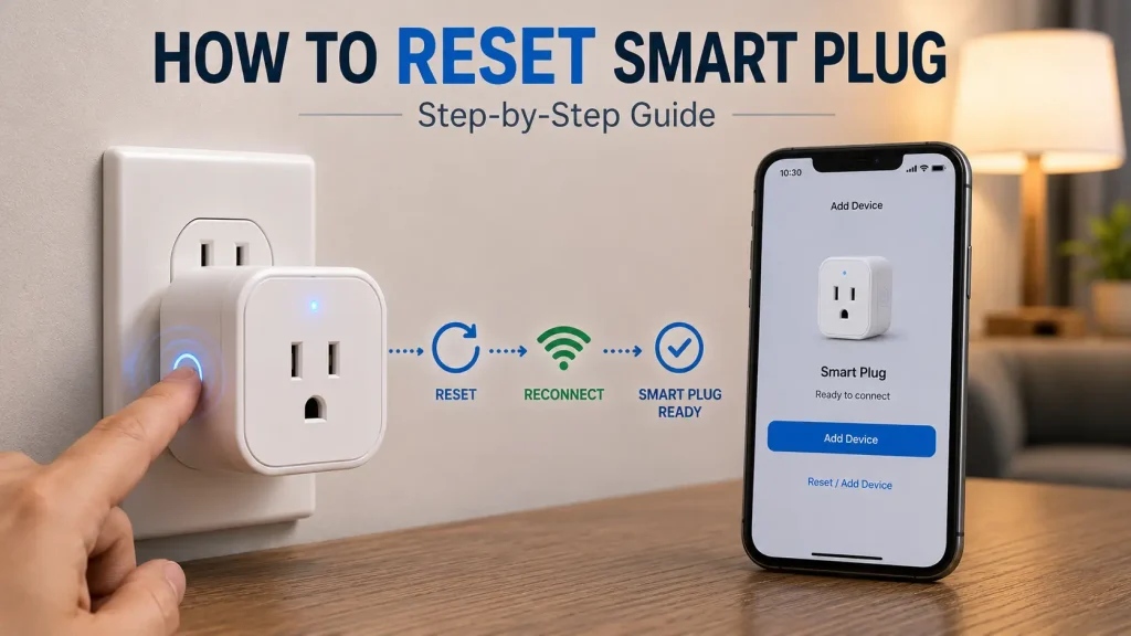 how to reset smart plug with reset button, Wi-Fi reconnection, and smartphone setup