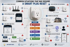 how to reset smart plug for Wi-Fi connection failure, offline device, changed network, setup problems, and new Wi-Fi connection