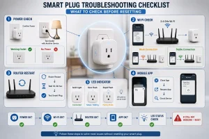 how to reset smart plug with power check, Wi-Fi check, router restart, mobile app check, and LED indicator troubleshooting