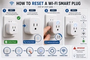 Step-by-step guide showing a smart plug being plugged in, reset button pressed and held, LED flashing, and pairing mode activated