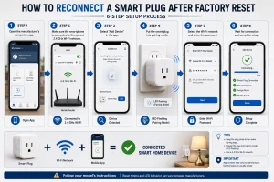 Six-step setup process showing a device being configured after a factory reset using a mobile app and 2.4 GHz Wi-Fi