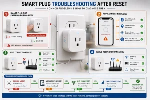Troubleshooting checklist showing pairing mode, app detection, Wi-Fi connection, and connection stability checks