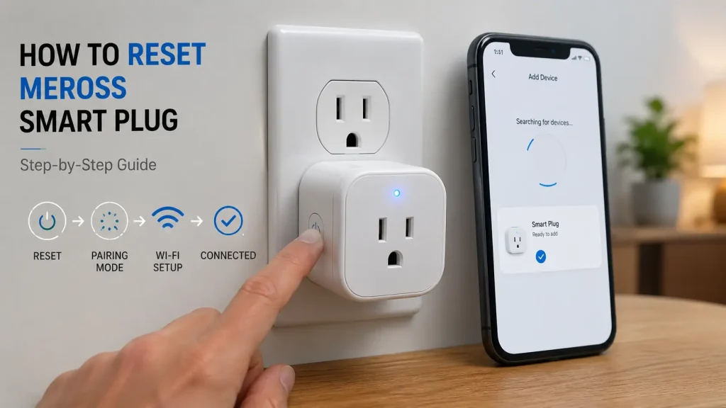 how to reset meross smart plug with reset button, pairing mode, Wi-Fi setup, and smartphone connection
