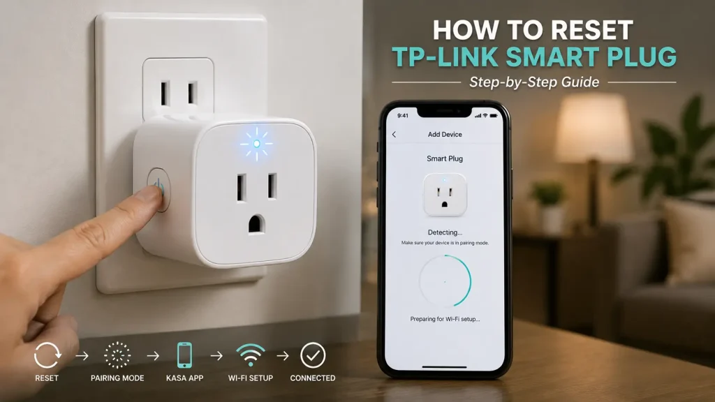 how to reset TP-Link smart plug with reset button, pairing mode, Kasa app, Wi-Fi setup, and smartphone connection