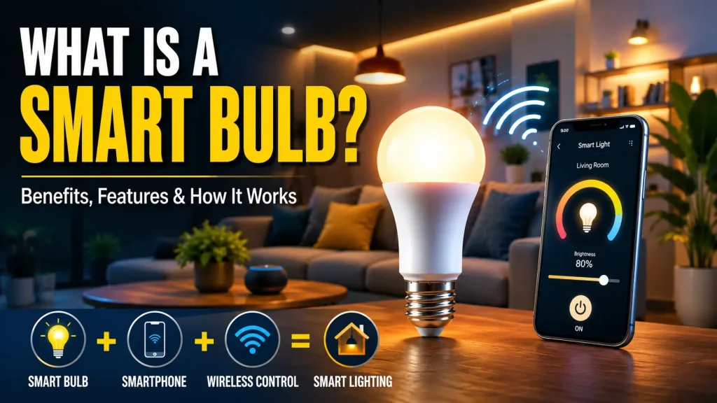 what is a smart bulb showing a glowing smart LED bulb, smartphone control interface, wireless connectivity, and smart home lighting