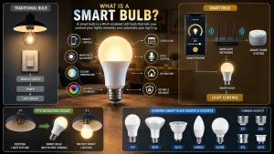 what is a smart bulb showing a traditional bulb comparison, smart lighting features, wireless control, common bulb shapes, and socket types