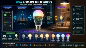 how a smart bulb works showing smartphone control, Wi-Fi network, smart bulb communication, light output, brightness, colour settings, and automation