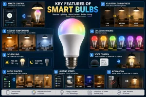 adjustable lighting features including brightness, colour temperature, colour changing, scheduling, voice control, group control, lighting scenes, and automation