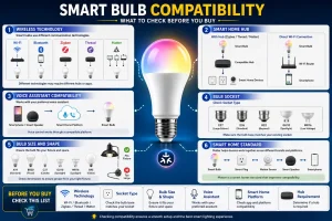 Wi-Fi, Bluetooth, Zigbee, Thread, Matter, hub requirements, voice assistant support, socket types, bulb sizes, bulb shapes, and platform support