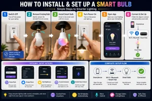 switching off power, removing the existing lamp, fitting a replacement light, restoring power, opening the mobile app, connecting to the network, and configuring optional settings