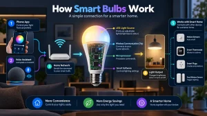 how do smart bulbs work with a smartphone, Wi-Fi network, voice assistant, and smart home devices