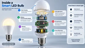 how do smart bulbs work with LED chips, wireless communication, microprocessor, memory, and power electronics