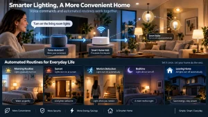 Smart lighting with voice commands, automated routines, motion detection, bedtime settings, and home automation