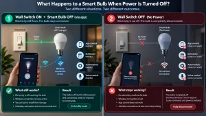 Smart bulb power states showing app control, schedules, automations, and wireless connection with power on or off