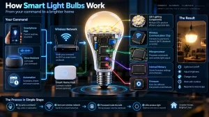 how do smart light bulbs work with a smartphone app, voice assistant, wireless network, smart home hub, and internal components