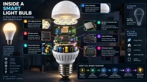 how do smart light bulbs work inside a smart light bulb with LED lighting, wireless communication, microprocessor, memory, power electronics, and firmware