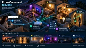 Voice assistant, smart home hub, mobile platform, and connected bulbs controlling lighting across different rooms, with automated routines for sunset, motion detection, morning, movie night, bedtime, and leaving home.