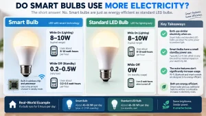 do smart bulbs use more electricity compared with standard LED bulbs, showing power use while on, standby consumption, and daily energy usage