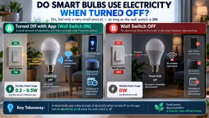 Comparison infographic showing a wall switch in ON and OFF positions, a bulb, a smartphone, a voice assistant, wireless signal, and standby readings of 0.2-0.5W and 0W.