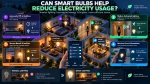 Infographic showing scheduled lighting at bedtime and sunset, motion detection, remote control through a smartphone, and a comparison between manual and automated home lighting.