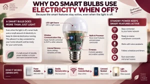 Infographic showing a bulb with internal electronic components, including an LED light source, wireless communication chip, built-in processor, internal memory, and firmware, with a smartphone, voice assistant, network connection, schedules, and timers.