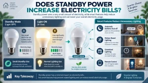 Infographic comparing standby mode and active lighting, showing low standby electricity use, higher usage while illuminated, and features such as bedtime shut-off, motion-based lighting, scheduled lighting, and remote control.
