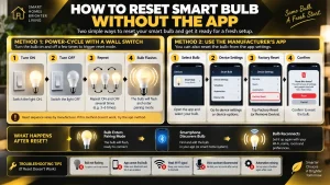 Infographic showing two methods for restoring a connected light bulb: cycling a wall switch several times and using device settings on a mobile app, followed by pairing and troubleshooting steps.