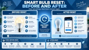 Infographic comparing a connected light before and after a factory reset, showing saved Wi-Fi credentials, Bluetooth pairing, device name, room assignment, schedules, automation, voice assistant, and new setup options.