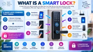 what is a smart lock showing a door lock with smartphone, PIN code, fingerprint, Wi-Fi, Bluetooth, voice assistant, and physical key access
