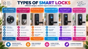 Six-panel infographic showing different door entry devices, including deadbolt replacement, retrofit design, keypad, fingerprint scanner, Wi-Fi connection, and Bluetooth connection.