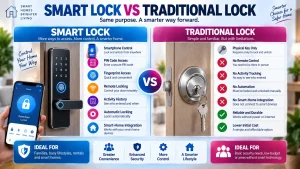 Infographic comparing a digital door entry device with a traditional key lock, showing smartphone control, PIN code, fingerprint access, remote locking, activity history, automatic locking, and manual key use.