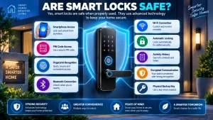 are smart locks safe with smartphone access, PIN code access, fingerprint recognition, Bluetooth, Wi-Fi, automatic locking, activity history, encrypted communication, and a physical backup key