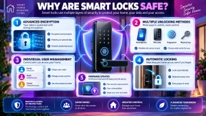 Infographic showing a digital door lock with encryption, multiple unlocking methods, individual user management, automatic locking, and firmware updates.
