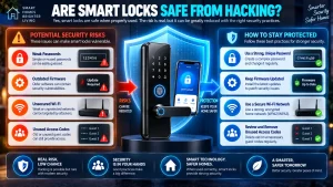 Digital door lock and smartphone with weak passwords, outdated firmware, unsecured Wi-Fi, unused access codes, strong passwords, firmware updates, secure Wi-Fi, and access code management.