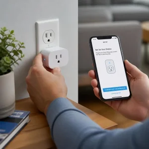 A close-up of a person plugging a white Wi-Fi smart plug into a wall outlet while using a smartphone to configure the Alexa app, modern home environment, realistic, high detail, professional photography, landscape, 16:9 ratio.