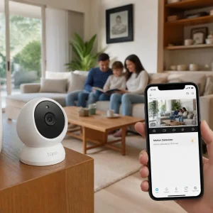 Budget smart security camera monitoring a modern home with live mobile app view