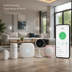 Smart alarm system detecting an intruder at the front door and sending instant mobile security alerts.