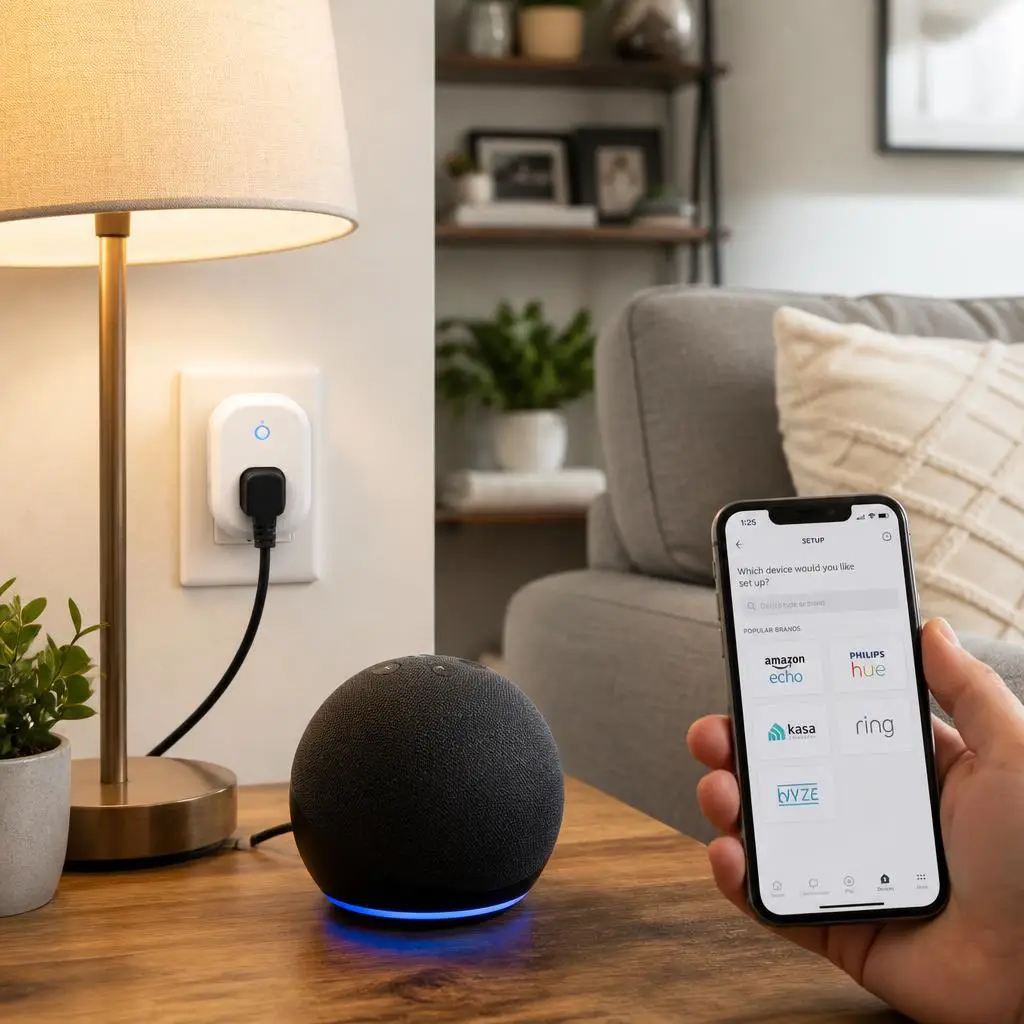 Smart Plug Alexa Setup with Amazon Alexa controlling a smart plug in a modern living room