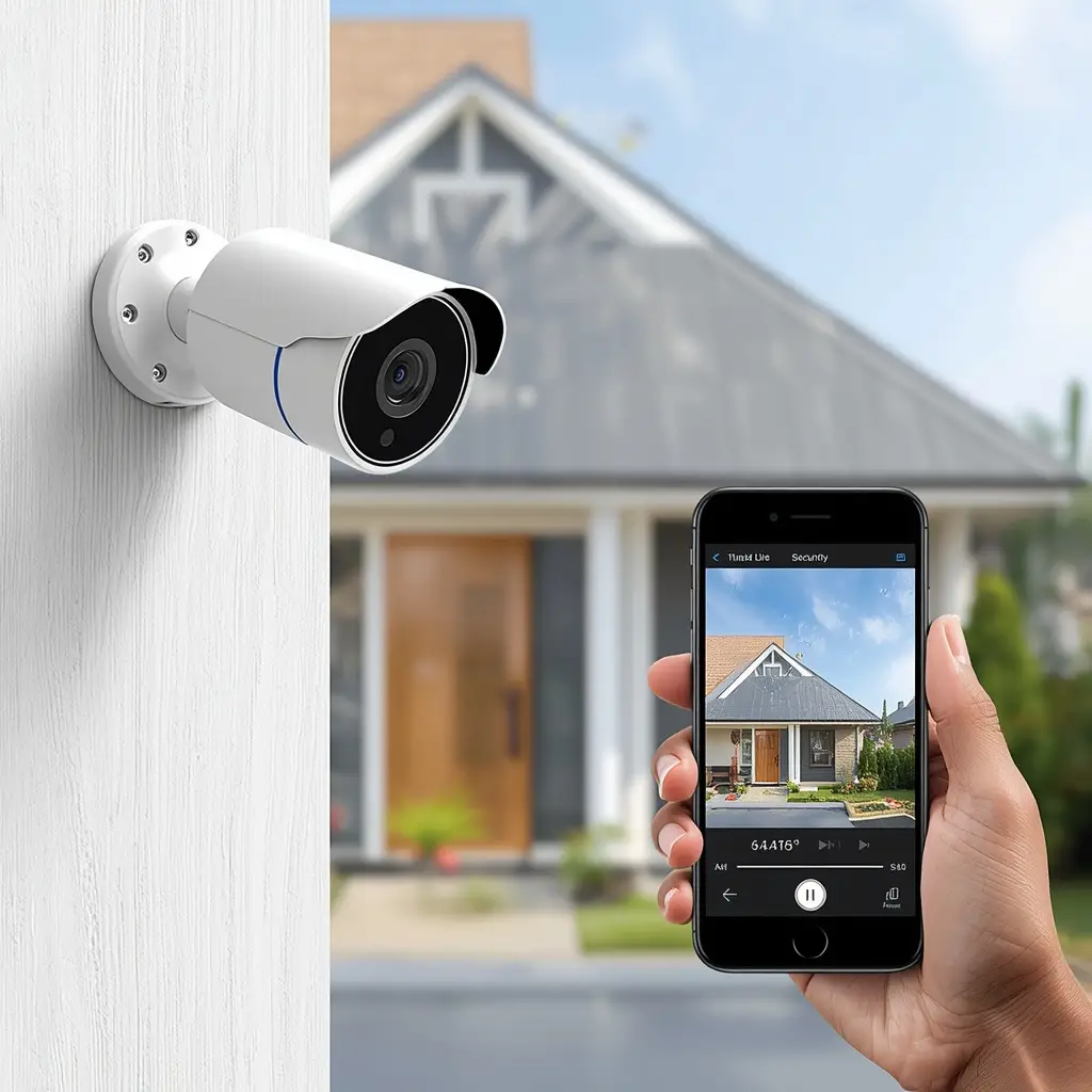Budget smart security camera monitoring a modern home with live mobile app view
