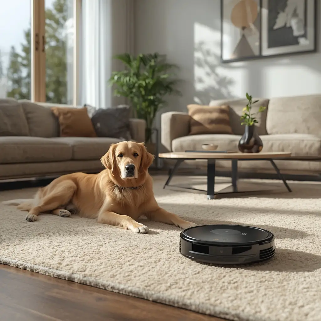 Robot vacuum for pet hair cleaning a carpet in a modern living room