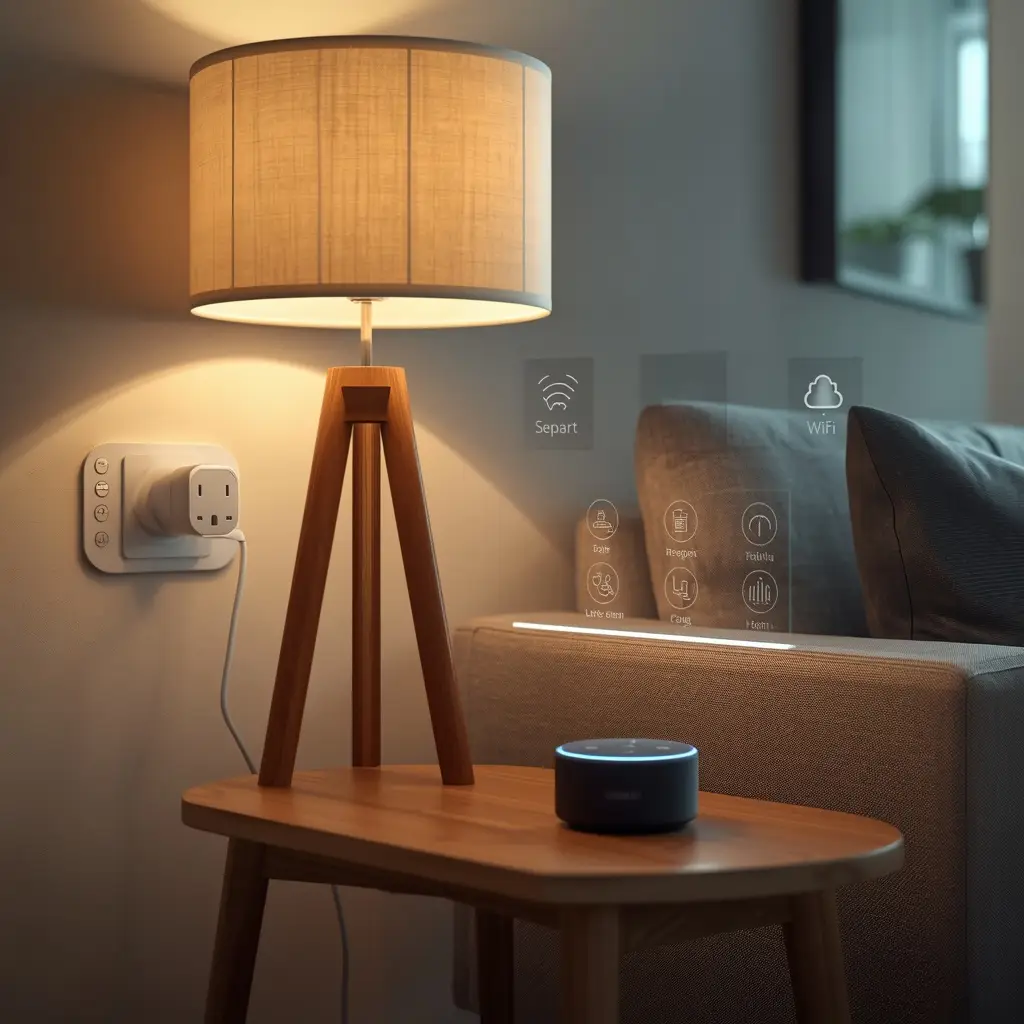 Best Smart Plug for Alexa connected to a table lamp in a modern smart home living room