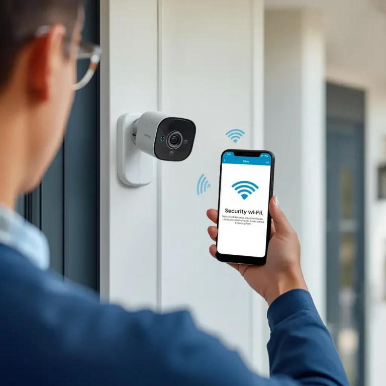 Smart Camera Setup showing a homeowner installing a smart security camera using a smartphone app
