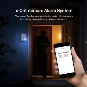 Smart alarm system detecting an intruder at the front door and sending instant mobile security alerts.