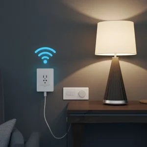 Best Smart Plug for Alexa connected to a table lamp in a modern smart home living room