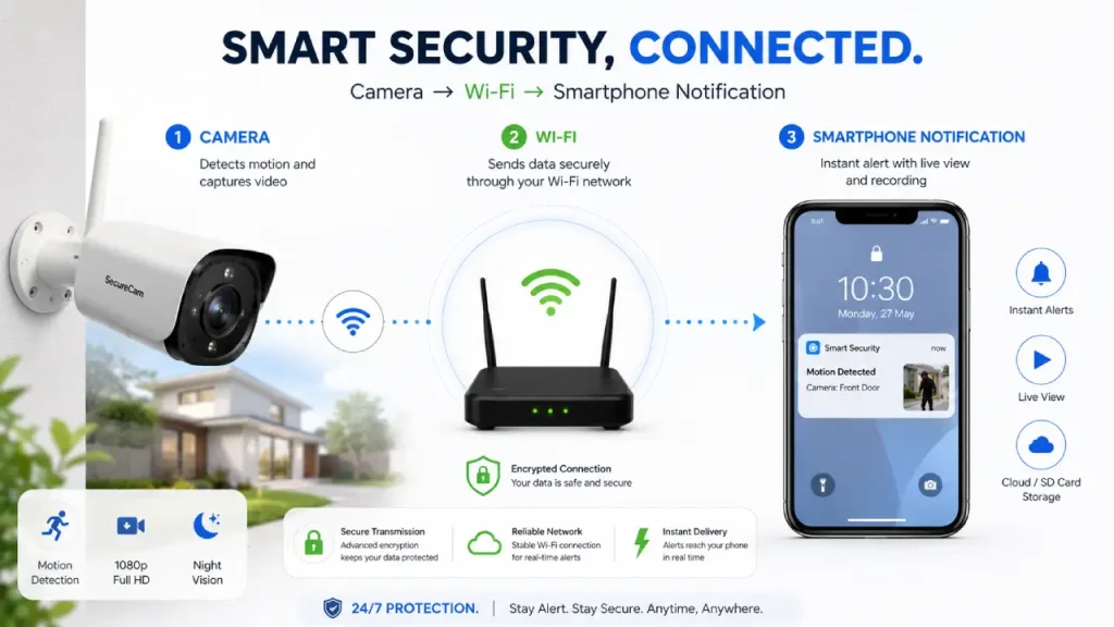 How a smart security camera connects to Wi-Fi and sends alerts to a smartphone