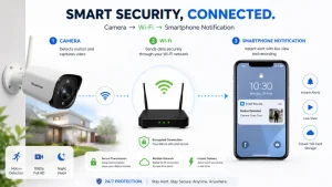 How a smart security camera connects to Wi-Fi and sends alerts to a smartphone